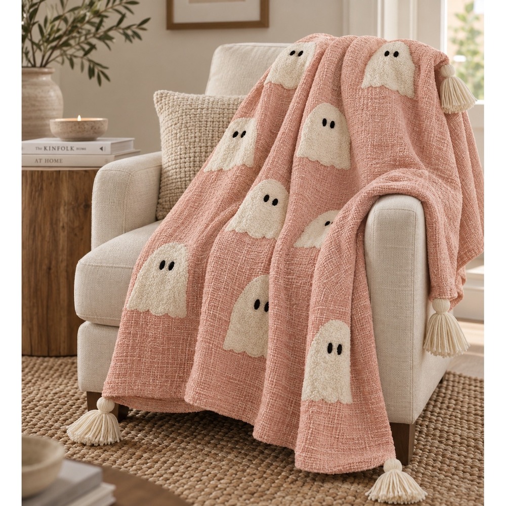 Rachel Zoe Ghost Throw Blanket Pink 50x70 NWT Tufted Tassel Halloween Decor